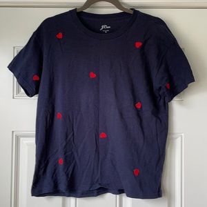 SOLD J Crew Navy T-shirt with Embroidered Red Hearts